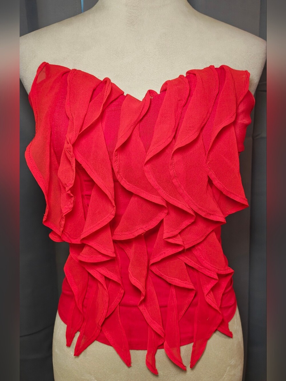 Y2K Oh Yes Red Strapless Tube Top Corset w Cascading Ruffles & Exposed Back Zip.